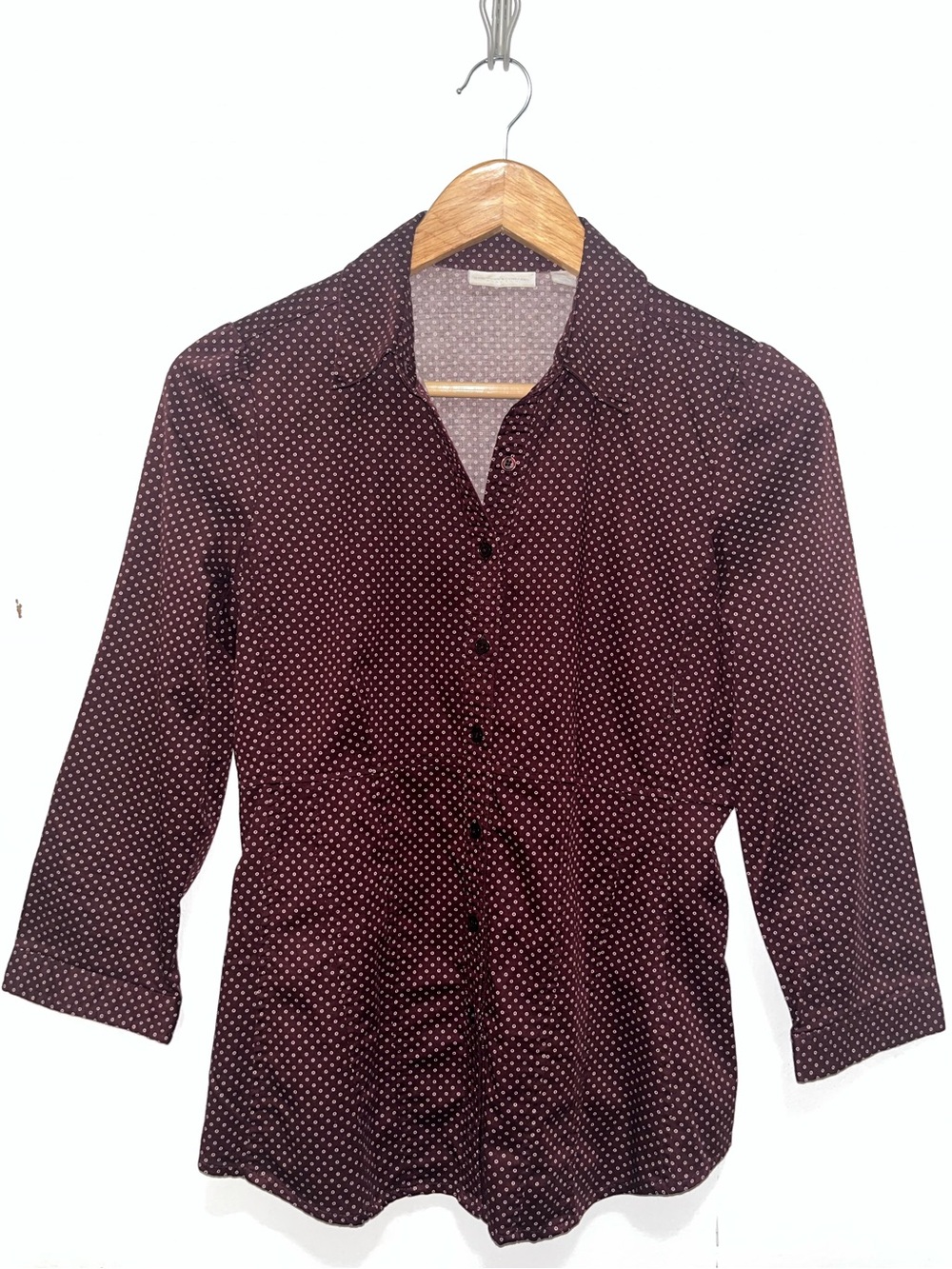 Stretch Dot Button-Front Blouse - Burgundy